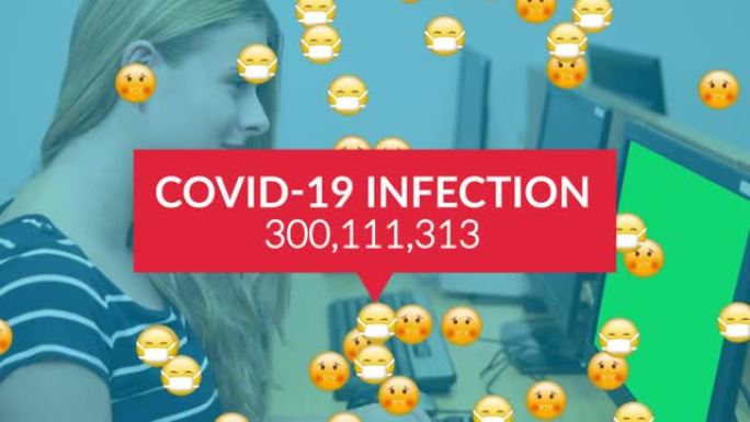 使用计算机的emojis和女性上的文本covid 19感染和数量上升的动画