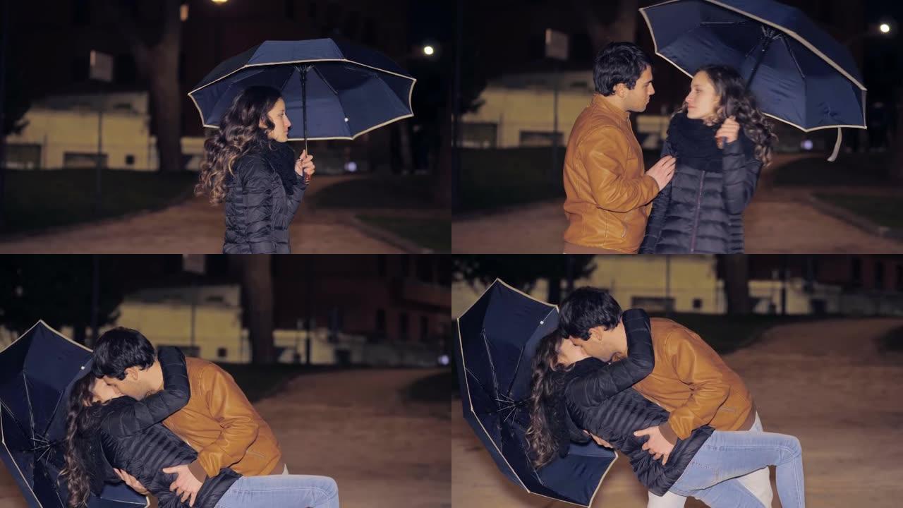 浪漫的相遇 -- 年轻的情侣在雨中相遇，亲吻就像在电影场景中一样