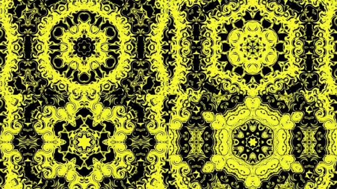 停止运动。动画霓虹万花筒马达拉背景几何无缝图案形状镜子混合液体多色