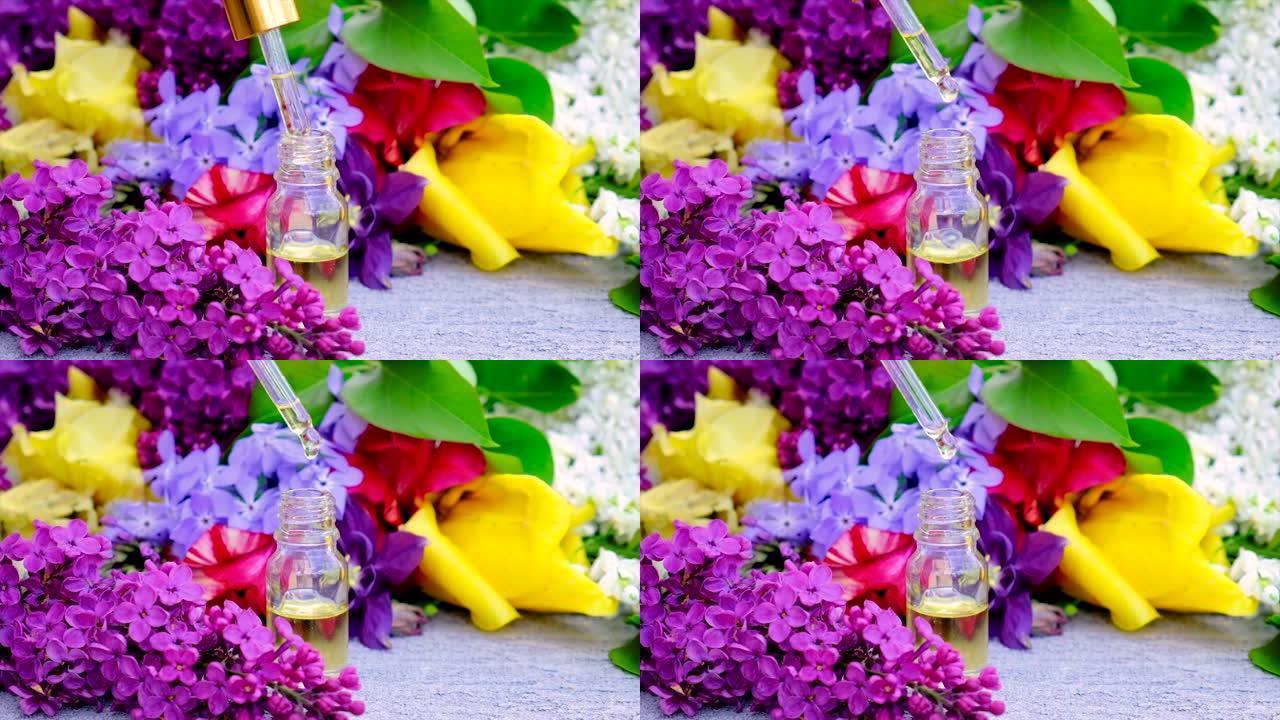 精油和花提取物在一个小瓶。选择性聚焦。自然。