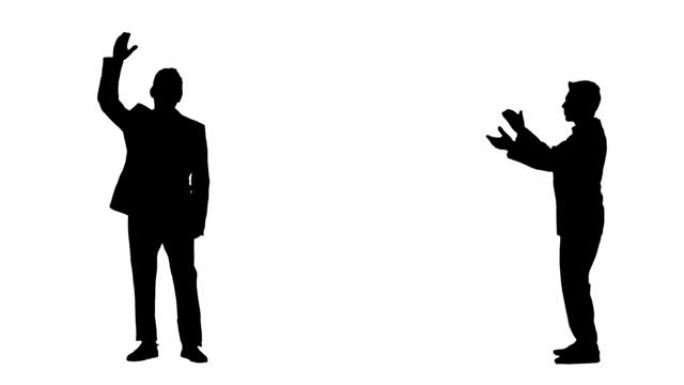 一个穿着西装的年轻人的黑色剪影正在跳舞，挥舞和鼓掌。白色背景上的2合1拼贴正面和侧面视图全长。慢动作