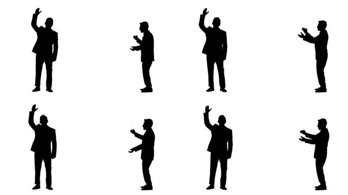 一个穿着西装的年轻人的黑色剪影正在跳舞，挥舞和鼓掌。白色背景上的2合1拼贴正面和侧面视图全长。慢动作