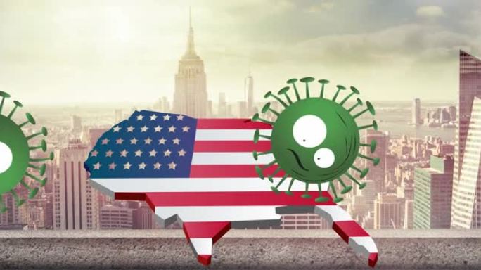 美国冠状病毒细胞的动画在城市景观背景上色有美国国旗的地图