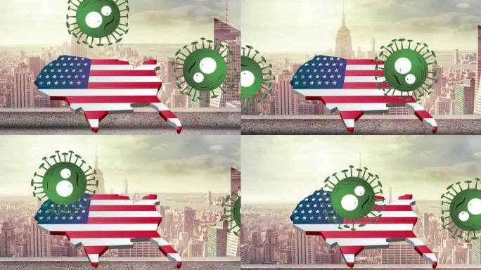 美国冠状病毒细胞的动画在城市景观背景上色有美国国旗的地图