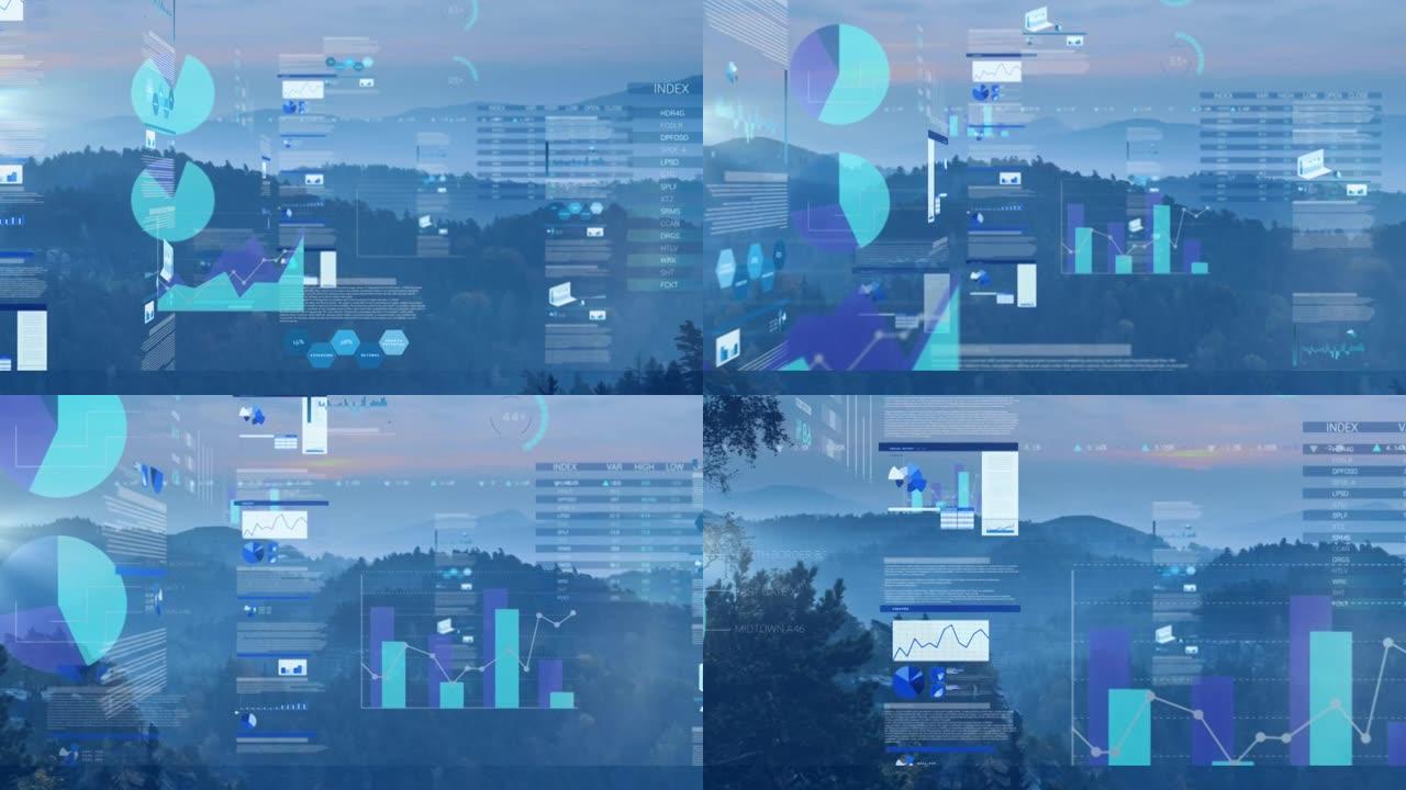 蓝色背景上的景观统计和金融数据处理动画