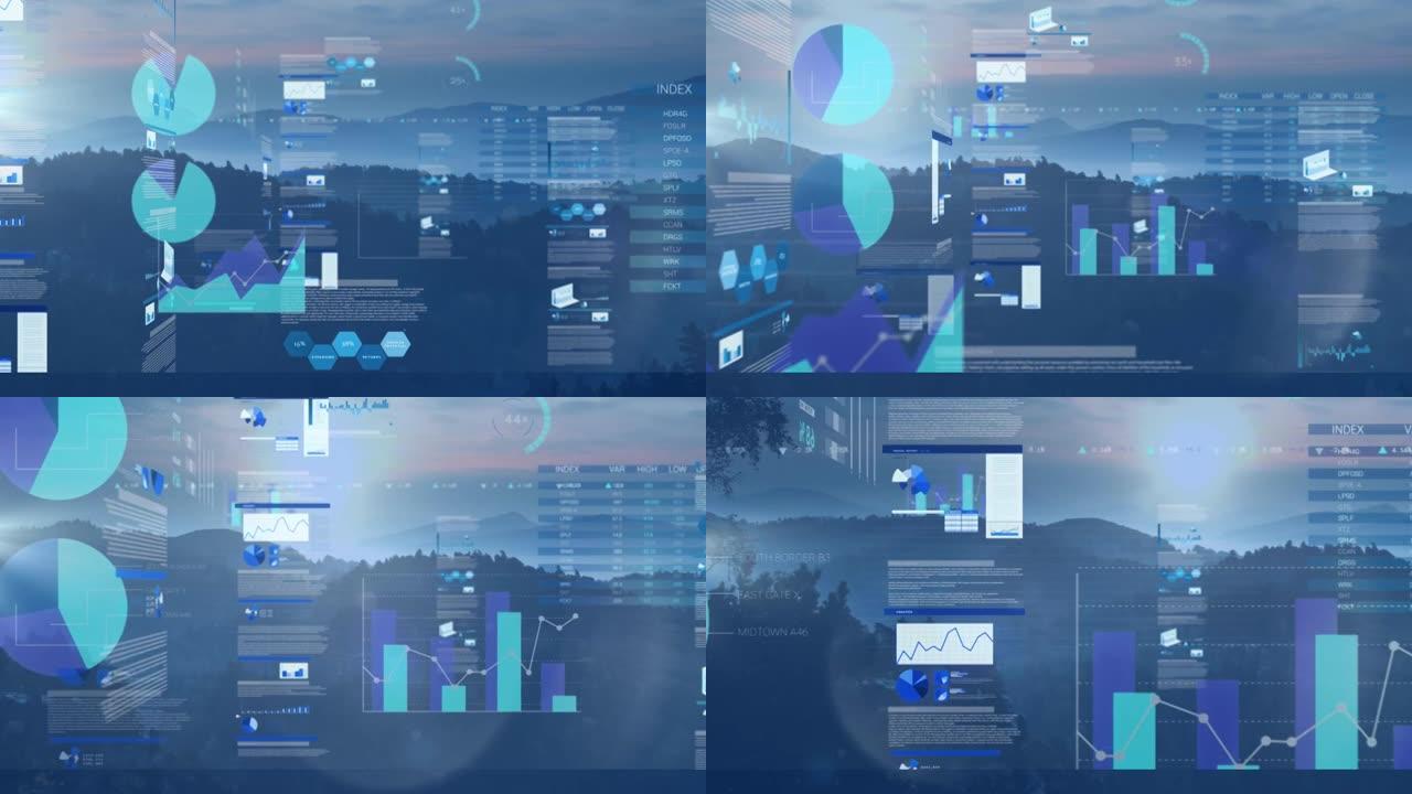 蓝色背景上的景观统计和金融数据处理动画