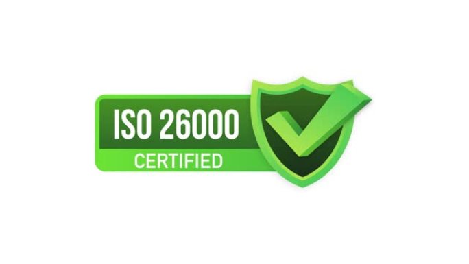 ISO 26000认证徽章，图标。认证印章。平面设计。运动图形。