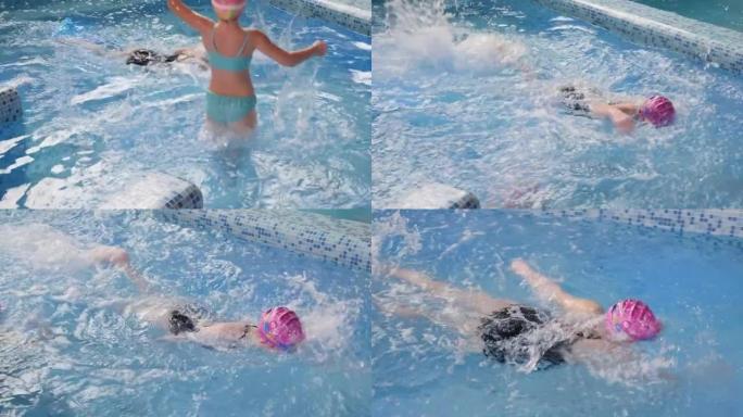 一个戴着游泳帽和眼镜的小女孩在游泳池水下游泳。
