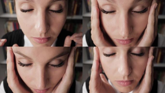 头痛，偏头痛。脸部女人在工作场所的特写镜头，双手接触她的额头和颞区，头部疼痛。高血压，乏力，压力，经