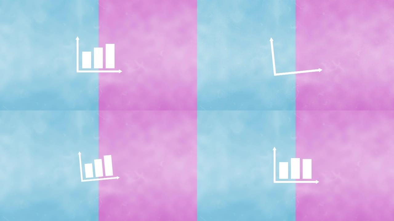 粉红色和蓝色背景上带有箭头轴的简单白色条形图图标的动画