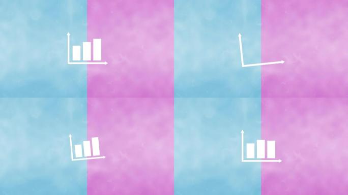 粉红色和蓝色背景上带有箭头轴的简单白色条形图图标的动画