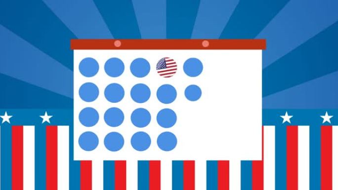 令牌模板卡和美国国旗在蓝色背景上移动的动画