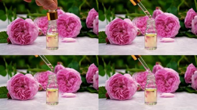 茶玫瑰精油装在一个小瓶子里。选择性聚焦。自然。
