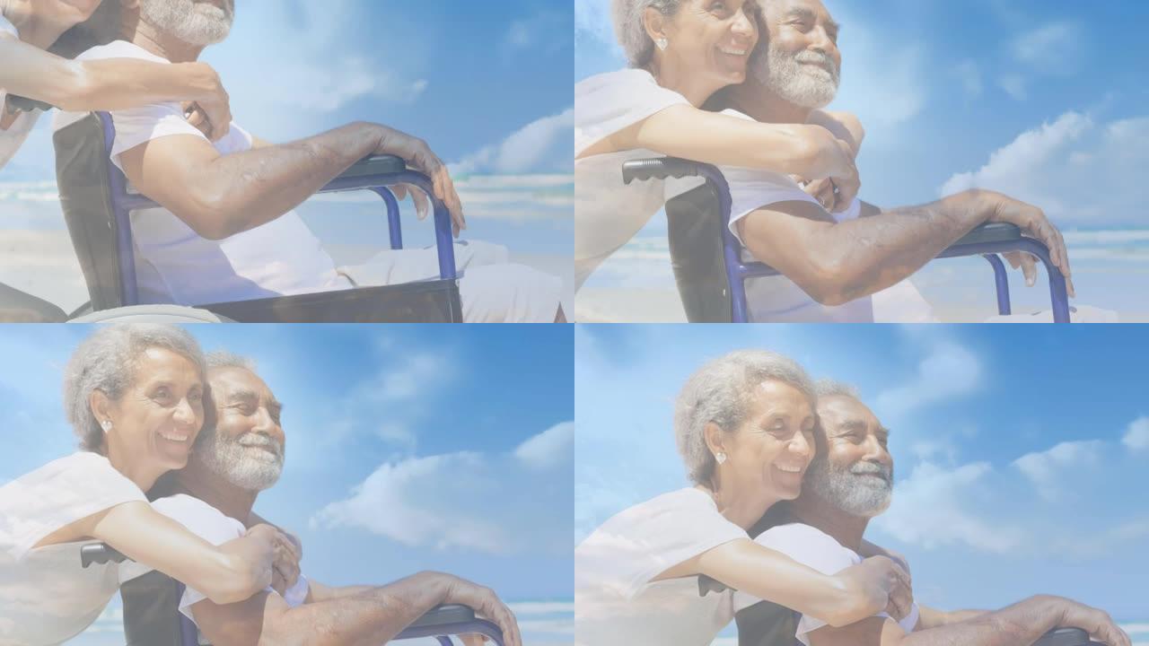 在海边与妻子坐在轮椅上微笑的老人的发光动画
