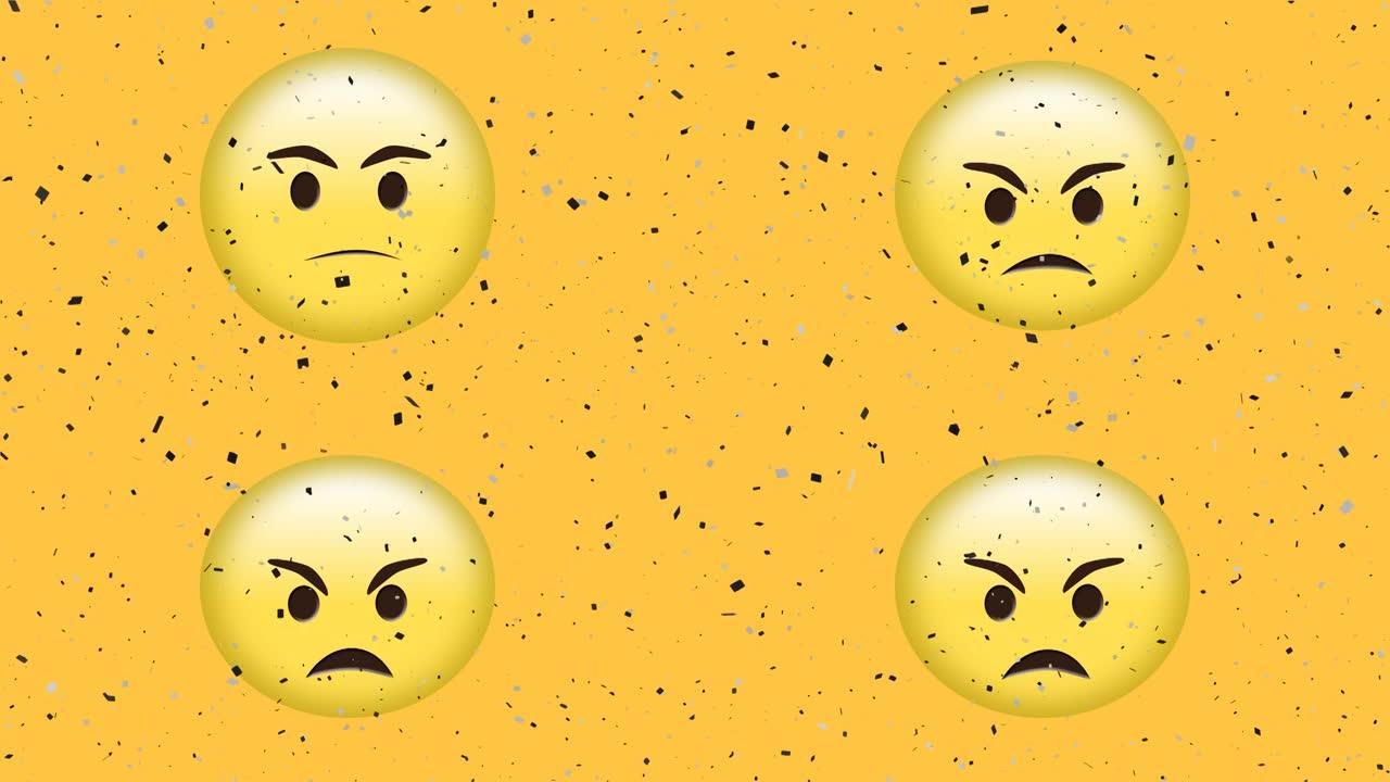 黄色背景上的五彩纸屑掉落在愤怒的表情符号上的动画