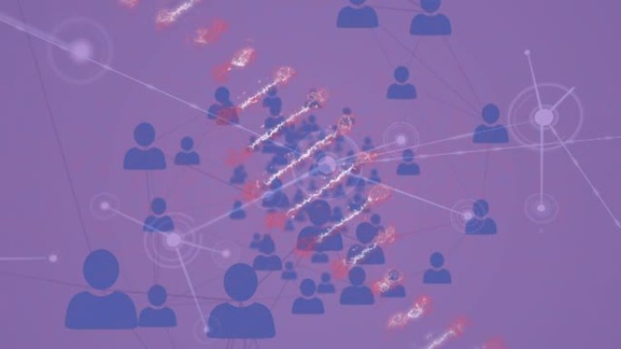 dna链的动画，紫色背景上与人的连接网络图标