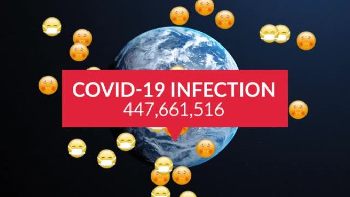 covid 19数据处理动画和多个带有口罩的病态表情符号在地球上的动画