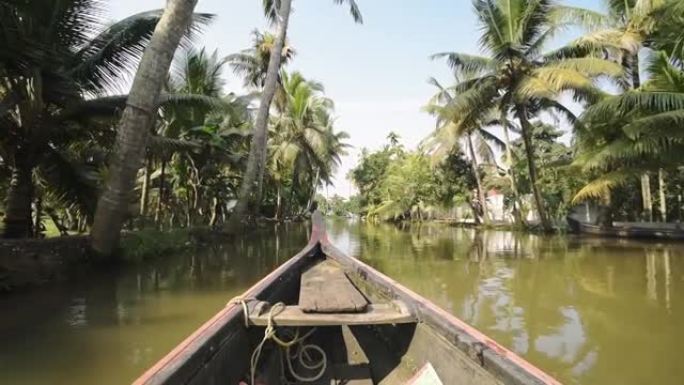 一艘木船在喀拉拉邦死水的咸淡水中航行，周围环绕着各种树木。-宽