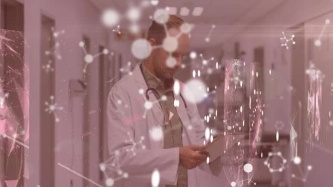 在医院使用数字平板电脑漂浮在男医生上的分子结构