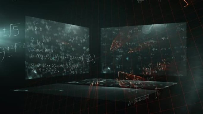 漂浮在绿色背景上带有数学符号的屏幕上的数学方程式