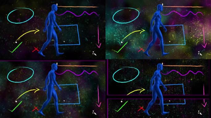 人体模型在黑色背景上的彩色抽象形状和粒子上行走