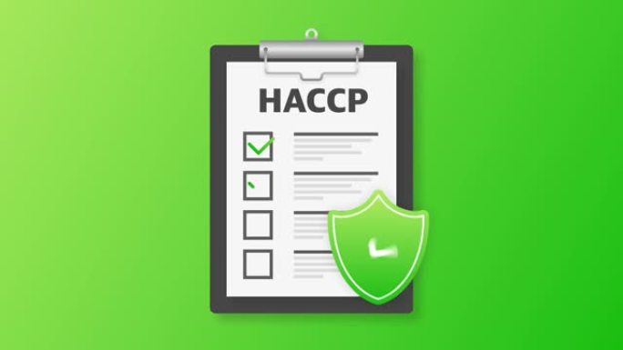HACCP。危险分析关键控制点图标，带有奖励或检查标记。运动图形。