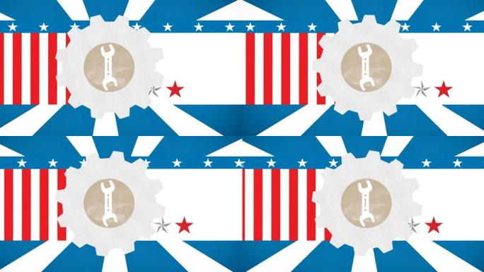 齿轮和美国国旗上的扳手劳动节符号动画