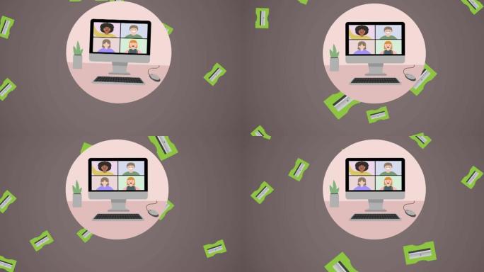 棕色上粉红色圆圈的绿色卷笔刀和计算机视频通话屏幕的动画
