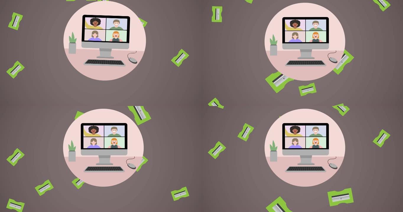 棕色上粉红色圆圈的绿色卷笔刀和计算机视频通话屏幕的动画