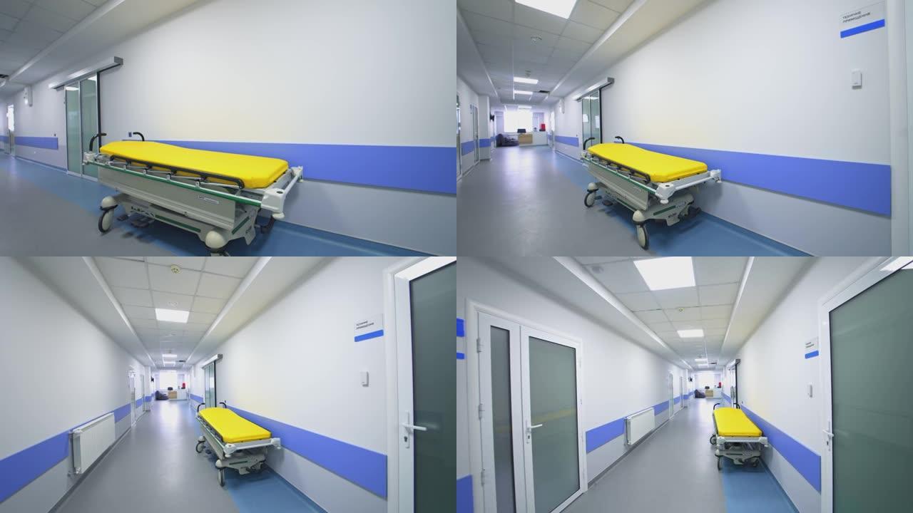 医院里长长的走廊。现代医院空长廊