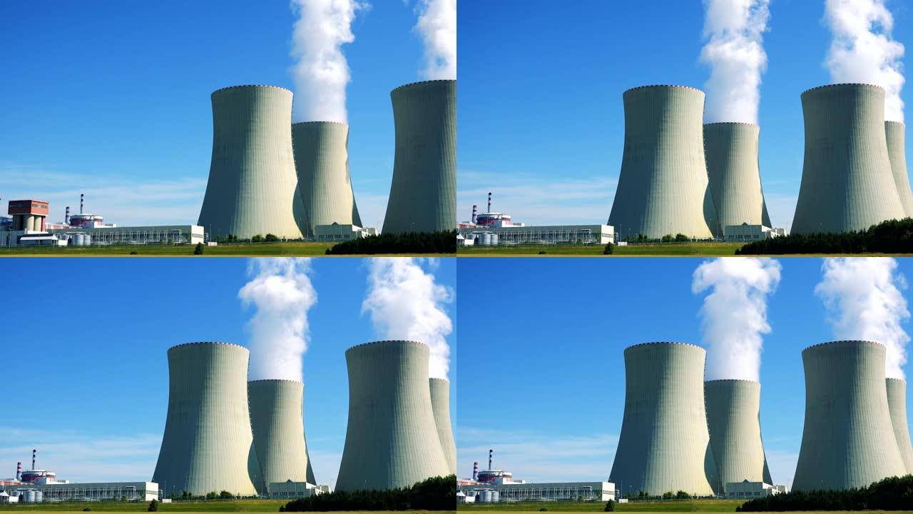 工厂 (核电站)-建筑物和烟囱冒烟的特写