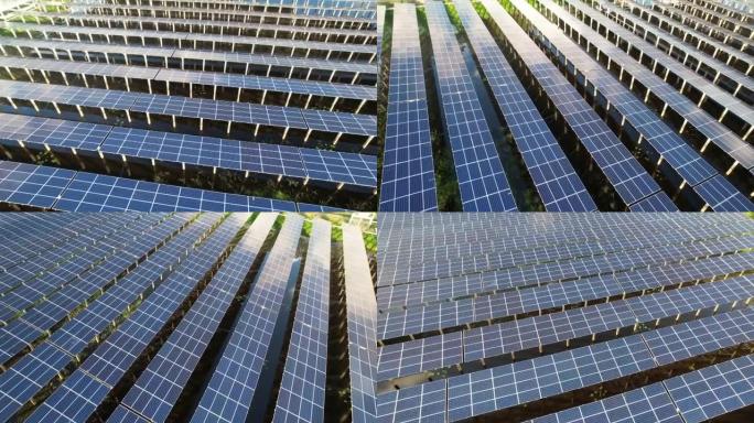 太阳能农场的空中俯视图，带有用于产生可再生电力的阳光电池。节能和替代电源的概念