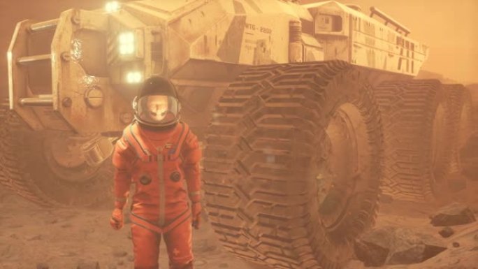 一名宇航员站在漫游者旁边，审视着一颗外星行星的景观。这个人是用3D电脑图形制作的。动画是为未来或太空