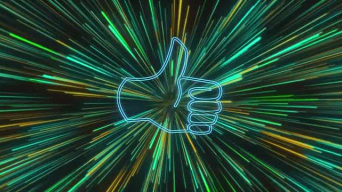 霓虹灯社交媒体的动画竖起绿色灯光背景上的闪烁图标