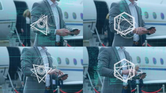 旋转形状和数据处理的动画，超过了在飞机旁使用智能手机的商人