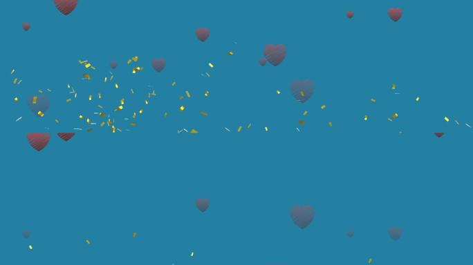 金色五彩纸屑和灰色心脏落在蓝色背景上的动画