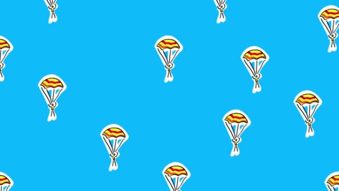 卡通跳伞者用开放式降落伞从上到下下降。伙计，黄红色降落伞上的家伙在蓝天上飞翔。循环视频。儿童徒手绘画