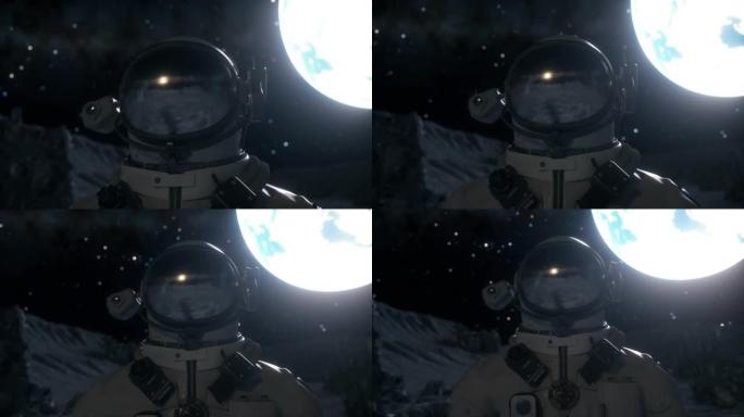 在地球的背景下，宇航员站在陨石坑之间的月球表面。太空探索概念