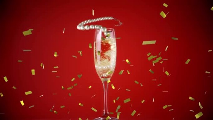 红色背景上金色五彩纸屑和珍珠项链掉进香槟杯的动画