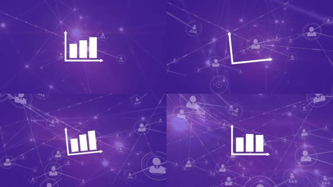 紫色背景上的图标统计和连接网络动画