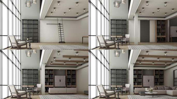 建筑客厅以现代风格装饰，木质色调，配有沙发和书架，以及大窗户和镶木地板上的高天花板。3d渲染动画
