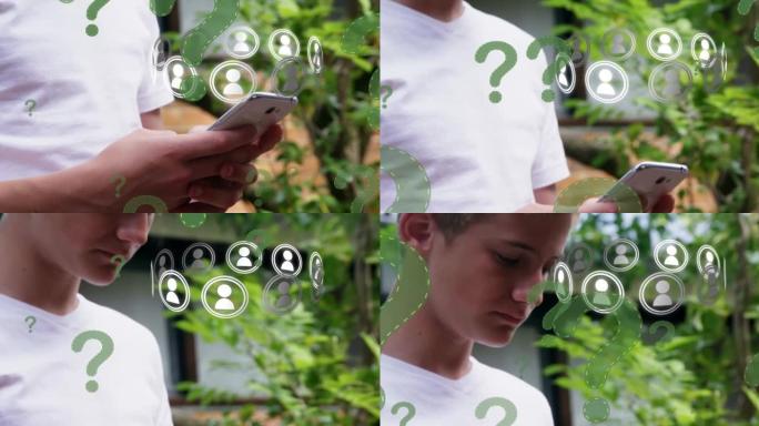 在花园里使用智能手机漂浮在高加索男孩身上的问号和个人资料图标