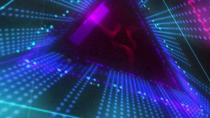 三角形蓝色和粉红色3d灯光显示在黑色背景上闪烁和移动的动画
