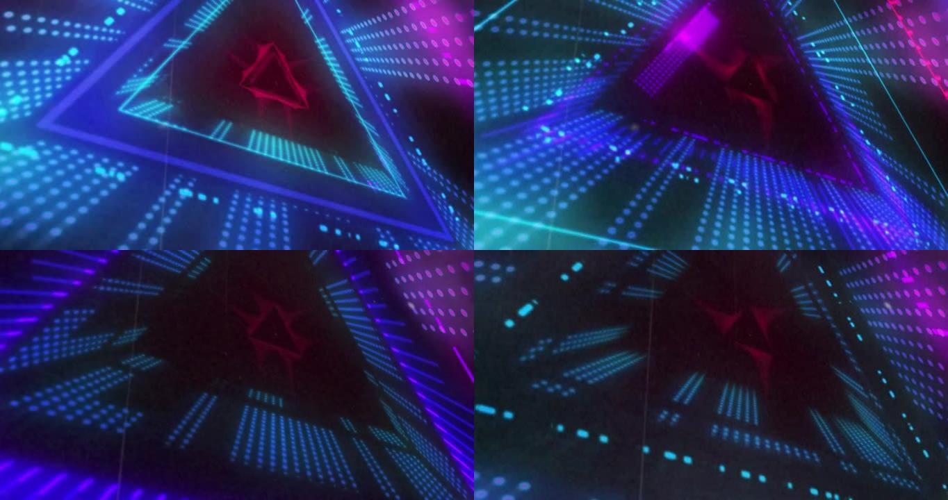 三角形蓝色和粉红色3d灯光显示在黑色背景上闪烁和移动的动画