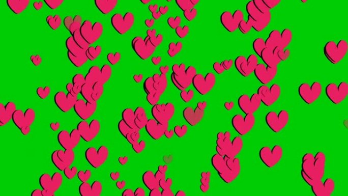 绿屏上掉落的红心卡通动画。4k红心雨视频