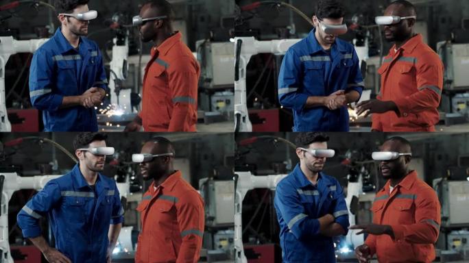 在自动化工厂中使用VR护目镜的男性工程师和黑人非洲工程师。