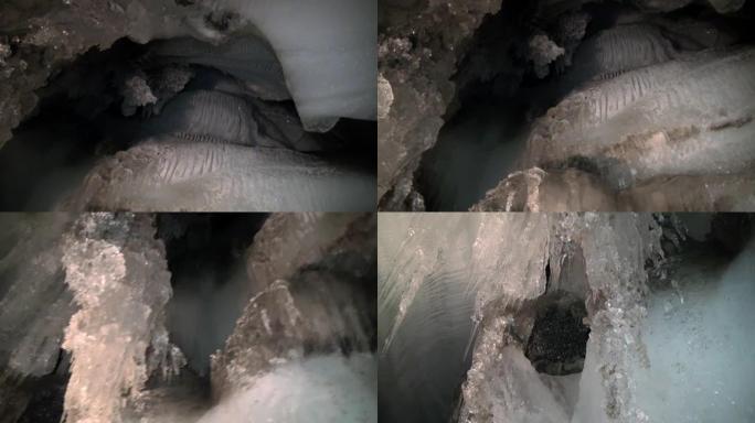 冰洞中的冰钟乳石和石笋。