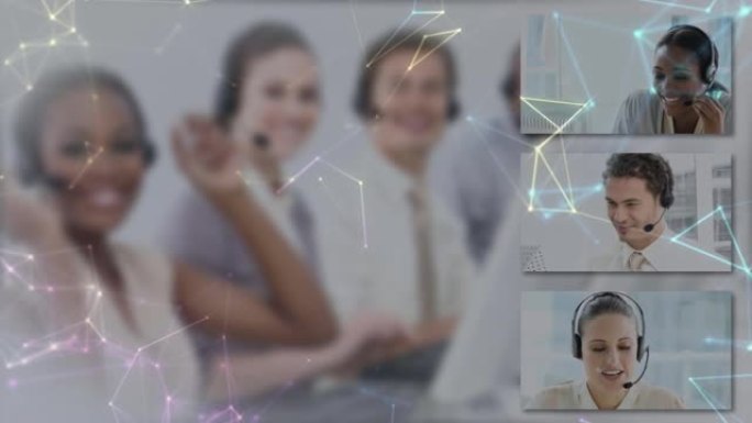 使用电话耳机与商务人士通过屏幕连接的网络动画
