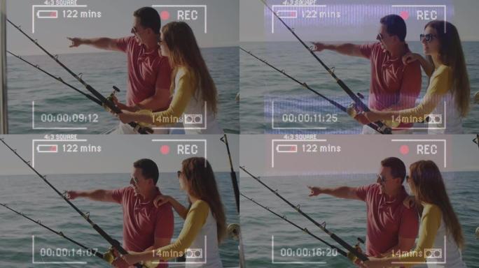 视频录制界面的动画，快乐的父女在阳光下钓鱼