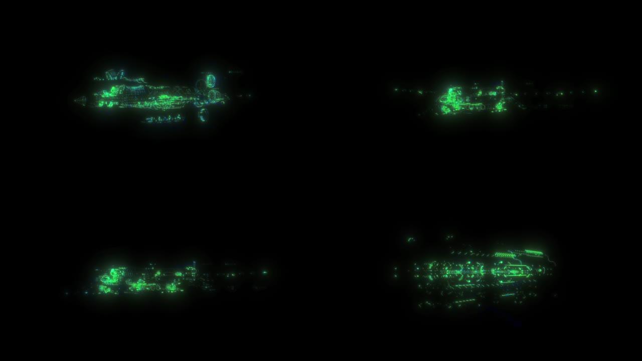 飞机全息图元素剪辑3，技术元素隔离在黑色背景4k